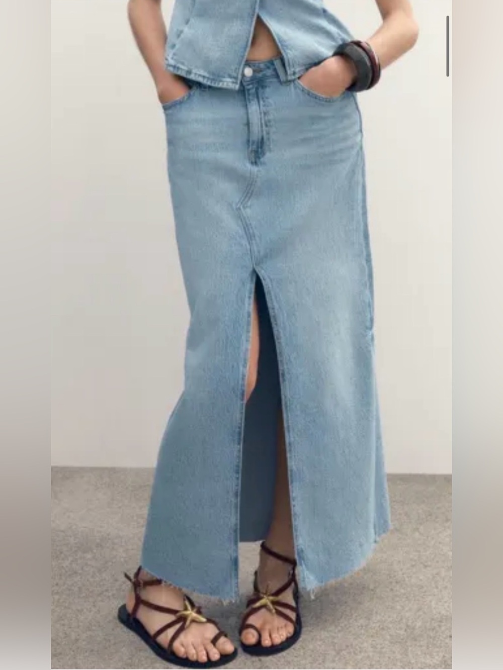NWT Zara Light Blue Denim Maxi Skirt with Front Slit XS